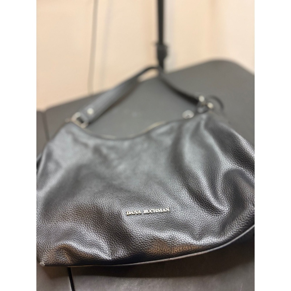 Dana Buchman Black Pebbled Faux Leather Hobo Shoulder Bag Silver Hardware